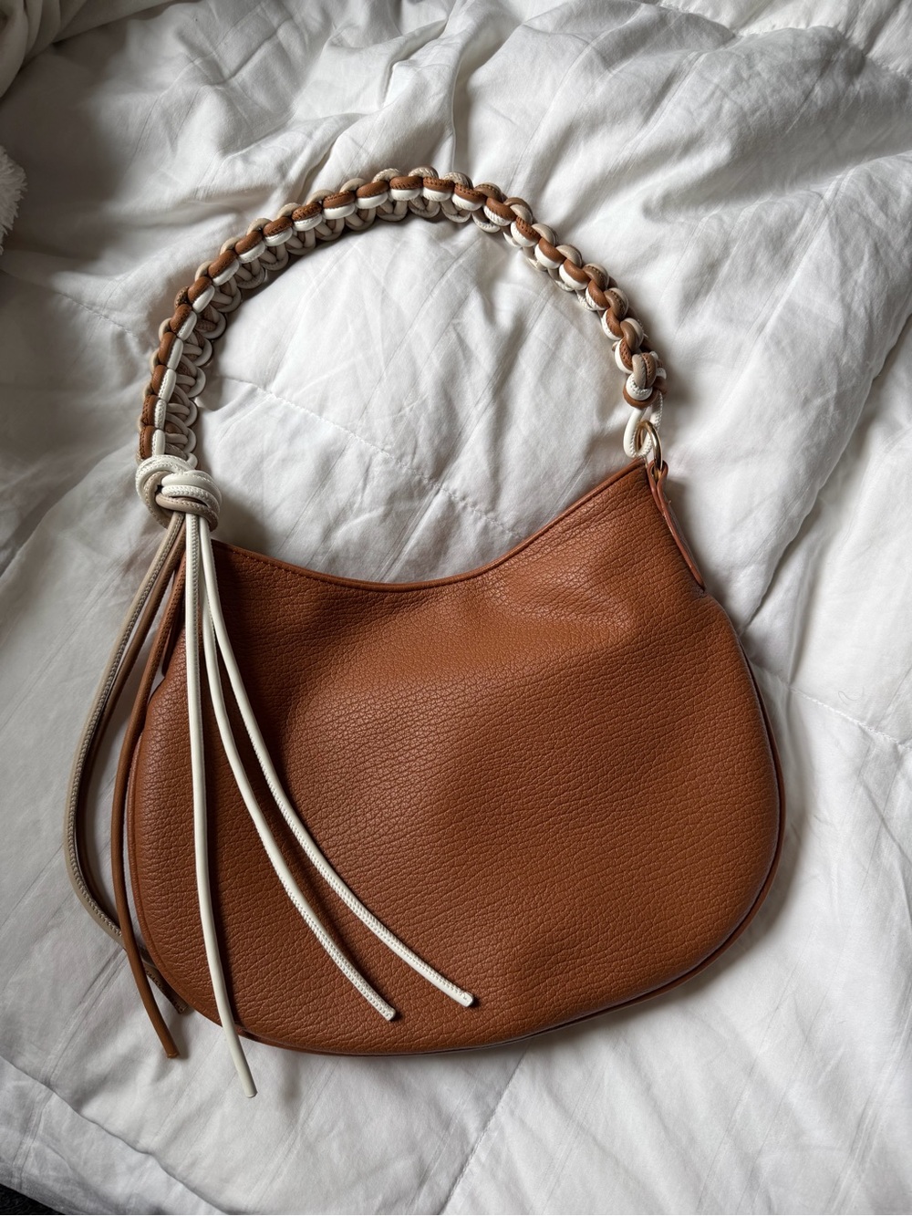 Braided-Handle Cognac Shoulder Bag with Contrast Tassels
